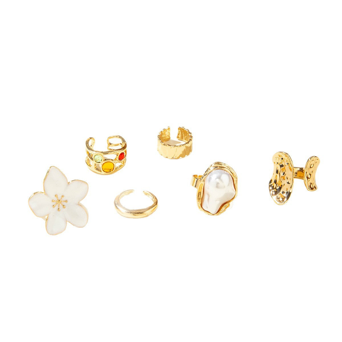 Flower-Decorated Pearl Ring Set Retro Baroque Geometric Rings