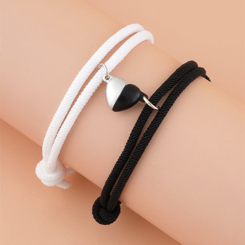 Fashionable Black And White Heart-Shaped Magnetic Buckle Milan Rope Braided Couples Girlfriends Bracelet Adjustable Bracelet