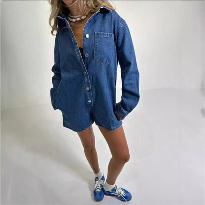 Trendy Denim Overalls with Pocket Casual Short Sleeve