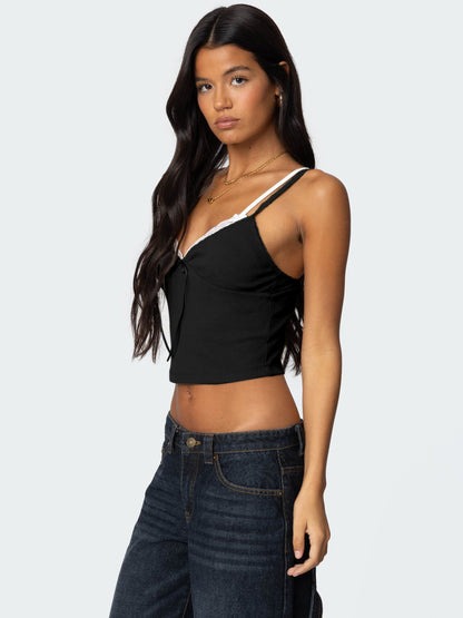 Fashionable Color Block Lace Overlay Cami with Bow Double Shoulder Straps