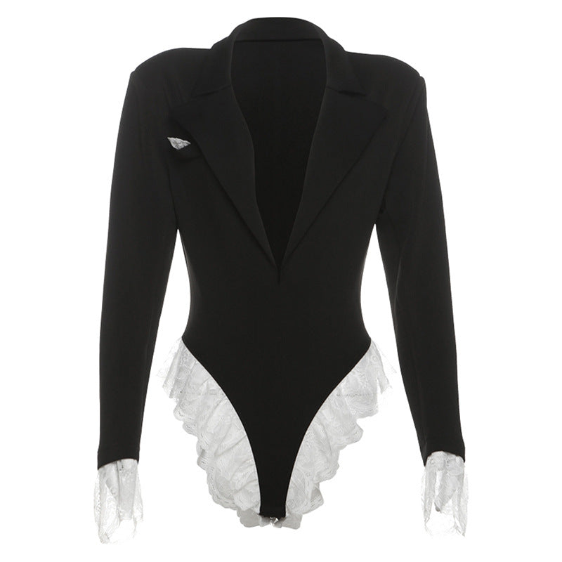 Deep V Neck Lace Bodysuit Women Long Sleeve Color Block Sexy Style