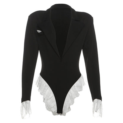 Deep V Neck Lace Bodysuit Women Long Sleeve Color Block Sexy Style