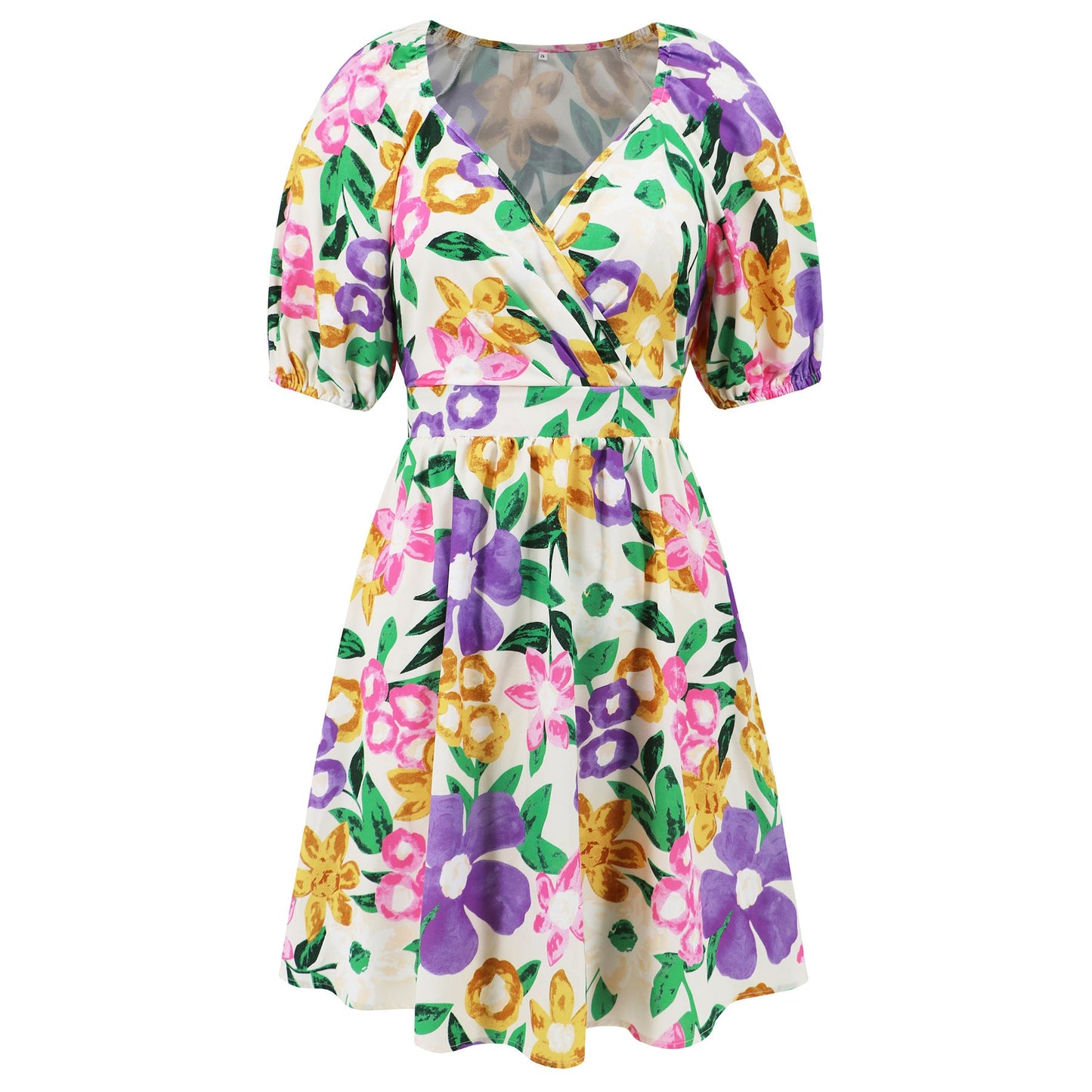Women‘S Wear Summer New V-Neck Printed Beach Lantern Sleeve Short Dress
