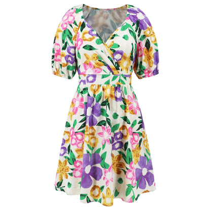Women‘S Wear Summer New V-Neck Printed Beach Lantern Sleeve Short Dress