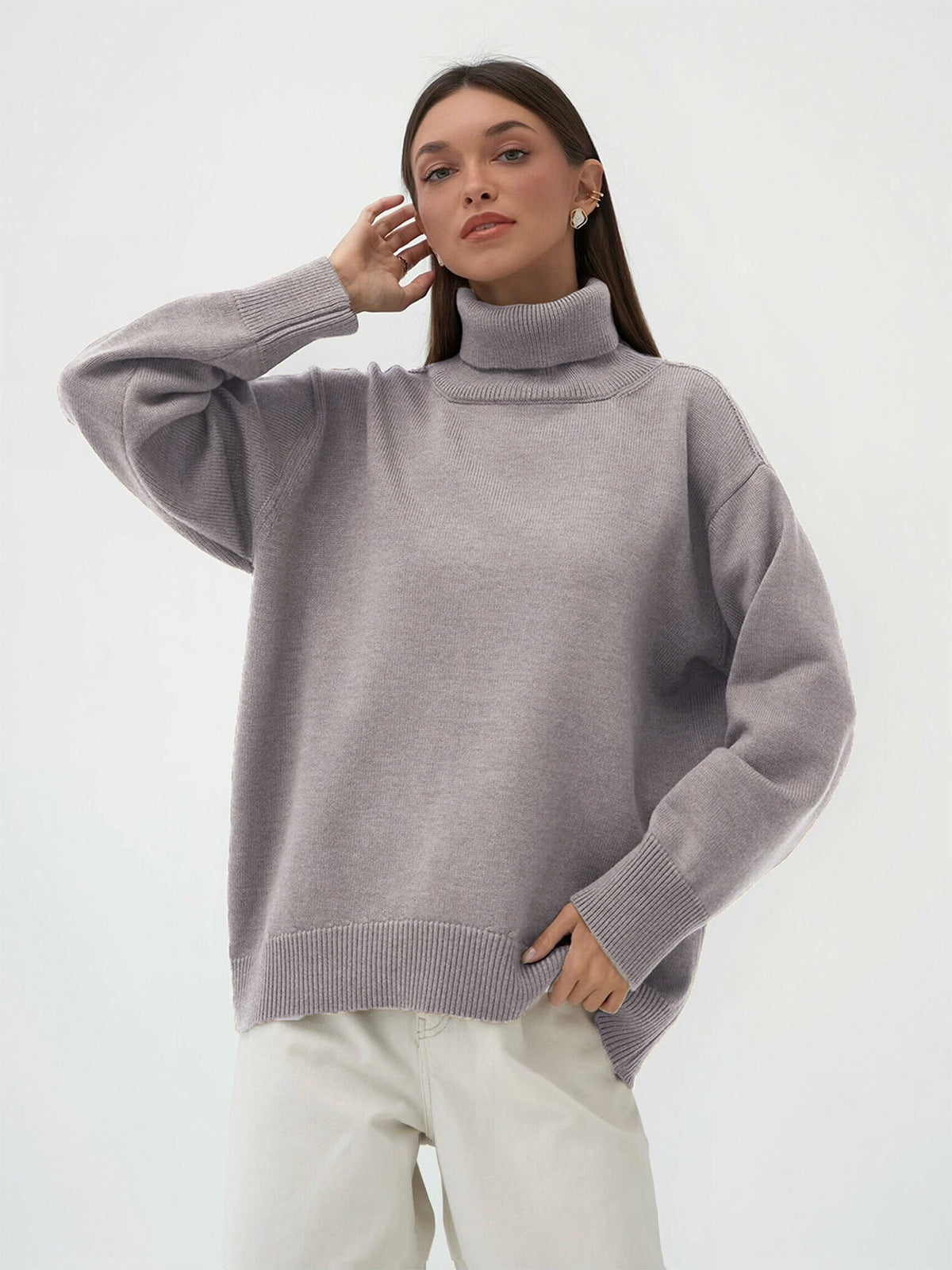 High Neck Solid Sweater for Women Cozy Casual Pullover
