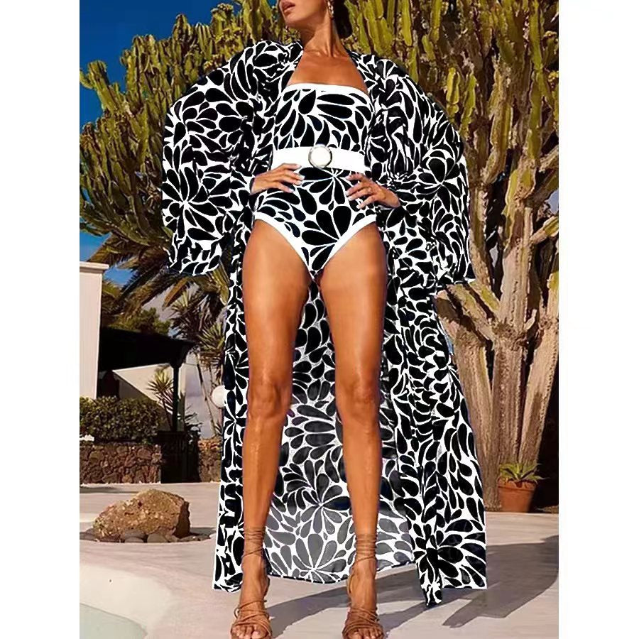 Vintage Print Strapless One Piece Swimwear with Cover