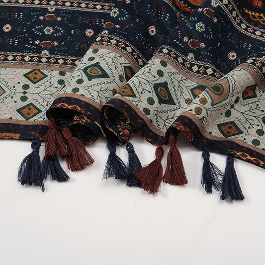 New Etro Color Matching Small Floral Long Towel Cotton And Linen Scarf With Decorative Shawl