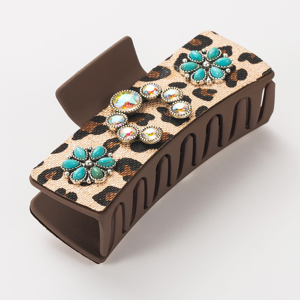 Vintage Leopard Print Hair Claw Clips with Alloy & Turquoise Accents