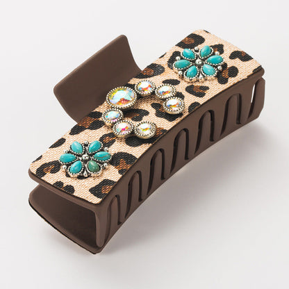 Vintage Leopard Print Hair Claw Clips with Alloy & Turquoise Accents