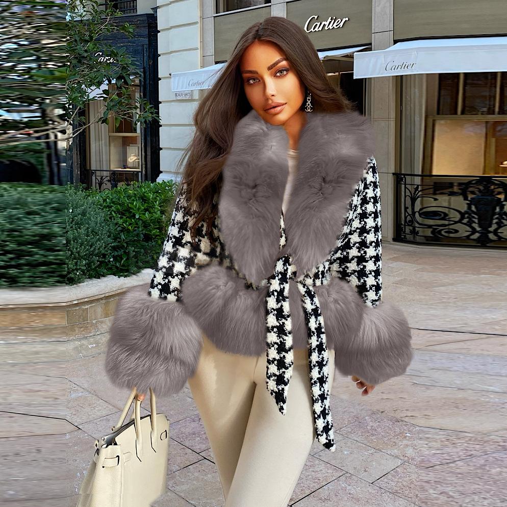Short Fur Coat Winter Quilted Thick Slim-Fit Lace-Up Coat Top