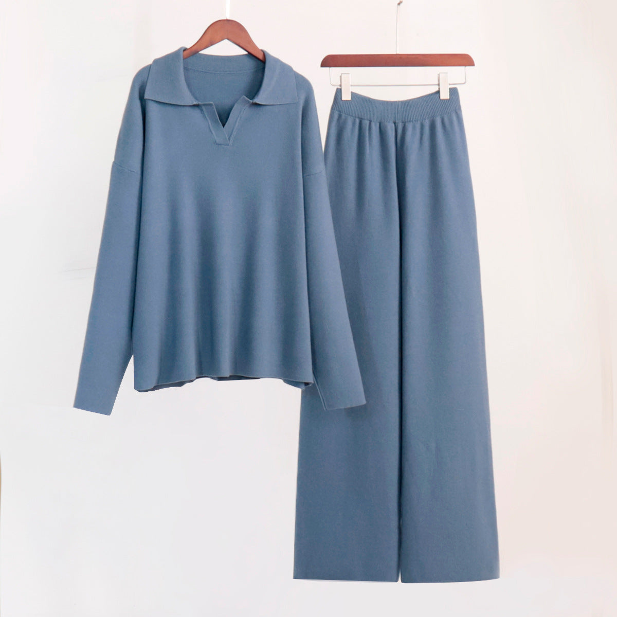 Knitted Sweater Set with Polo Neck and Wide Leg Pants for Casual Style