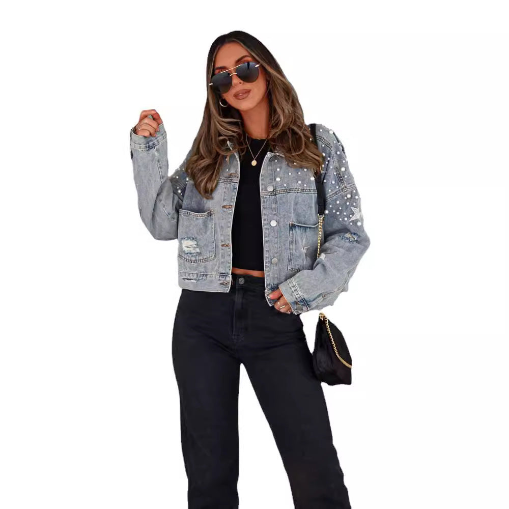 Fashionable Plus Size Denim Jacket with Beaded Details