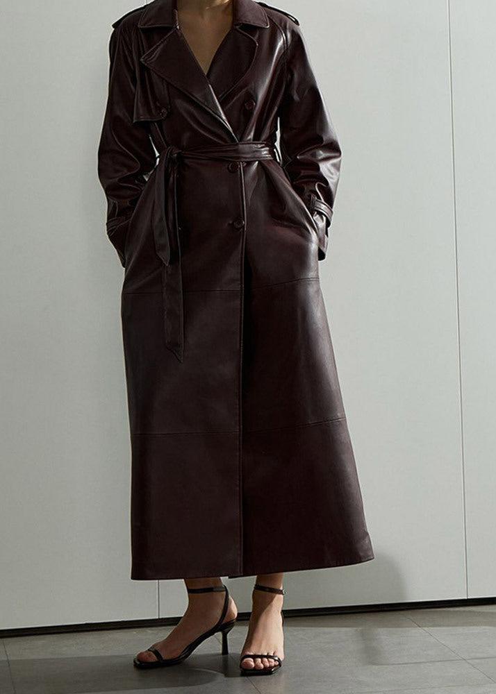 Faux Leather Trench Coat Burgundy Tailored