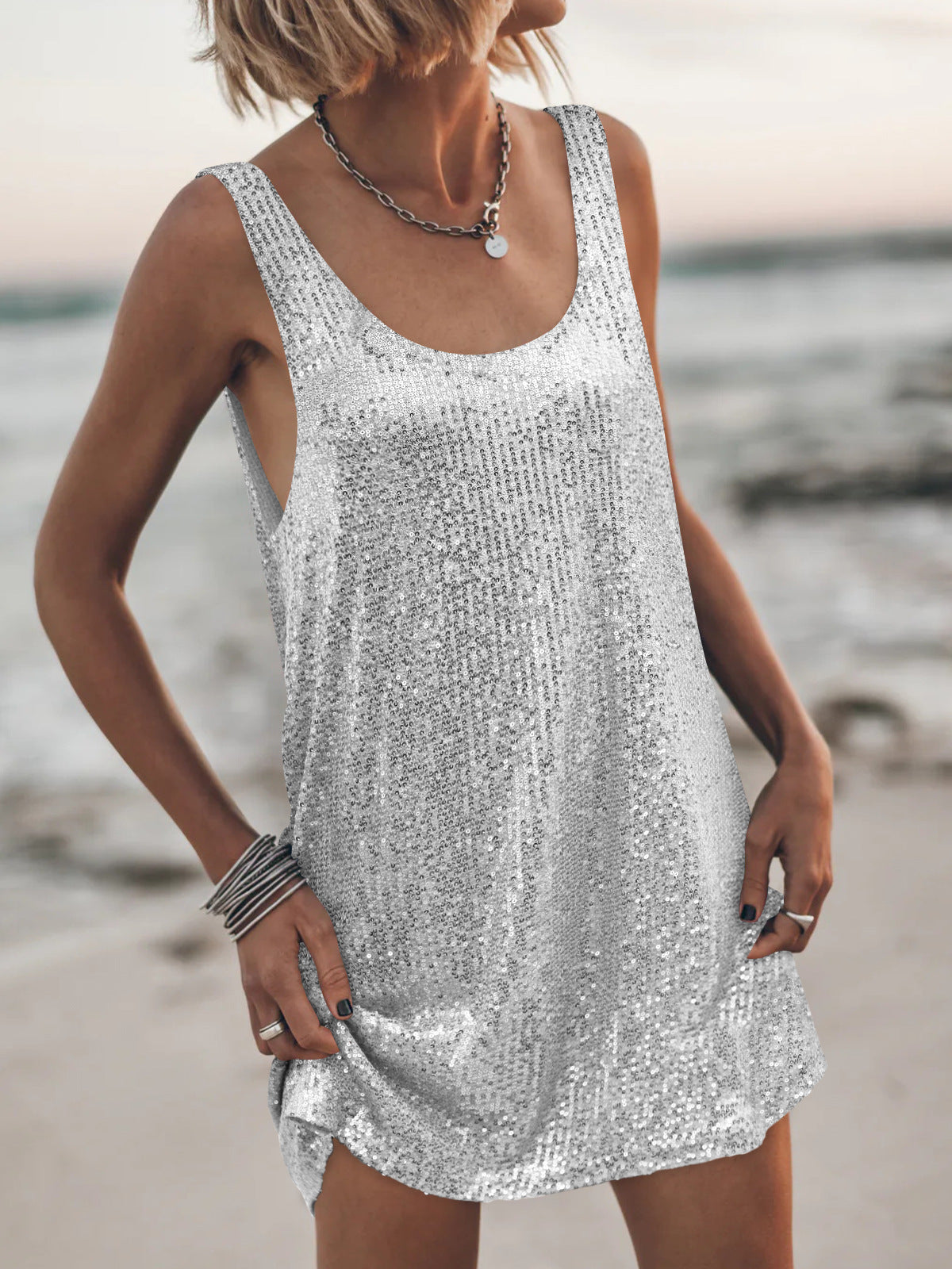 U-Neck Sleeveless Sparkly Backless Tank Dress Casual Chic