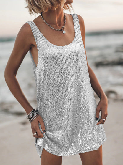 U-Neck Sleeveless Sparkly Backless Tank Dress Casual Chic