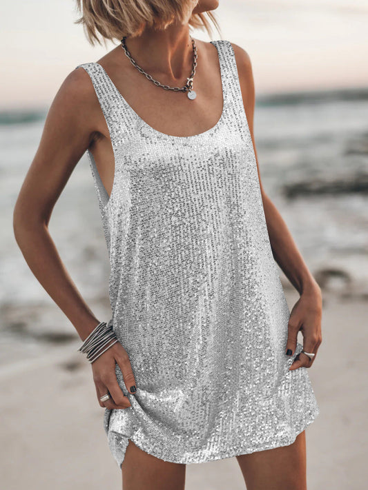 U-Neck Sleeveless Sparkly Backless Tank Dress Casual Chic