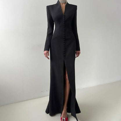 Elegant V-Neck Long Sleeve High Waist Split Midi Dress