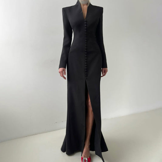 Elegant V-Neck Long Sleeve High Waist Split Midi Dress