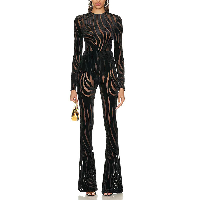 Zebra Print Sheer Velvet Two-Piece Outfit