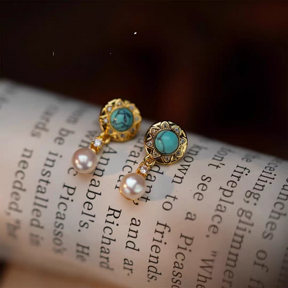925 Silver Needle Turquoise Freshwater Pearl Earrings Women'S Premium Light Luxury Niche Design Retro Anti-Allergy Earrings