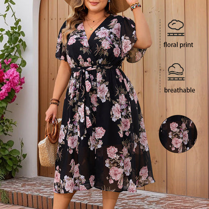 V-Neck Floral Maxi Dress With Short Sleeves