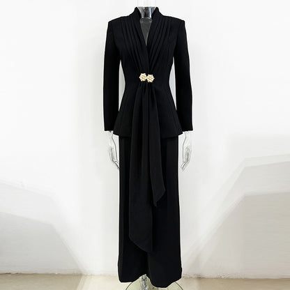 Stylish Pleated Collar Blazer And Straight Leg Pants Set