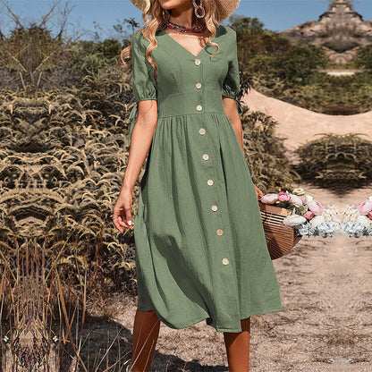 Summer New Women'S Midi Skirt Short Sleeve V-Neck Solid Color Dress