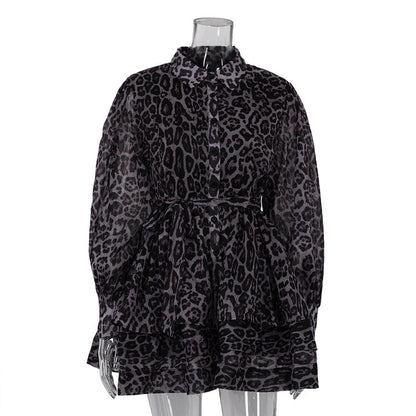 Chiffon Leopard Print Long Sleeve Dress Casual Street Style