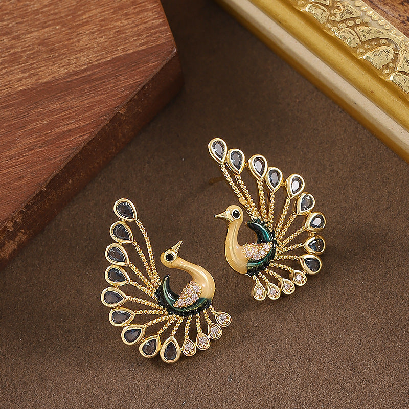Elegant Peacock Drop Earrings With Crystal Accents