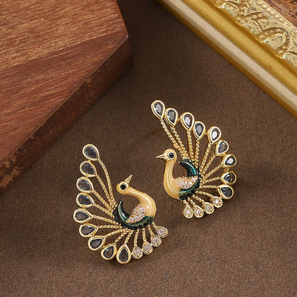Elegant Peacock Drop Earrings With Crystal Accents