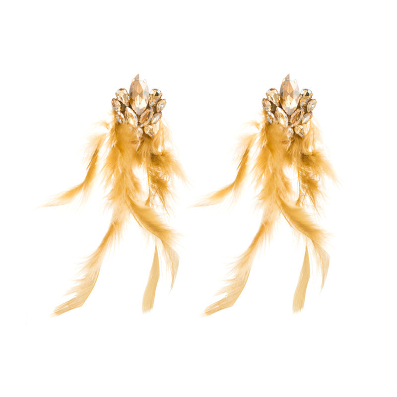 Bohemian Floral Alloy Rhinestone Long Feather Tassel Earrings
