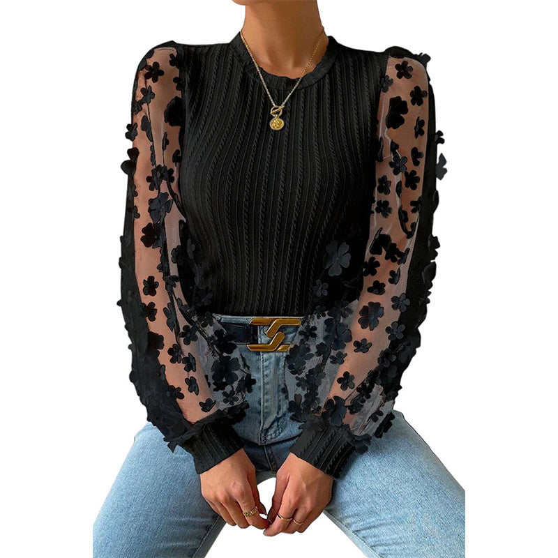 Women'S Mesh Small Flower Chiffon Shirt, Women'S Spring/Summer Round Neck Slimming Pullover Long Sleeved Top