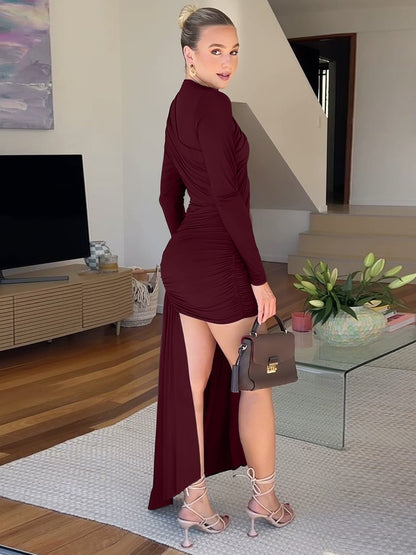 Trendy Slim Fit Round Neck Ruched Bodycon Dress with Long Sleeves