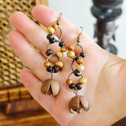 Botanical Pattern Wooden Bead Dangle Earrings
