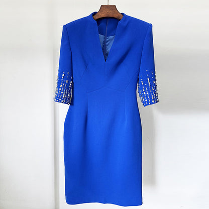 V-Neck Knee-Length Dress With Beaded Details For Parties