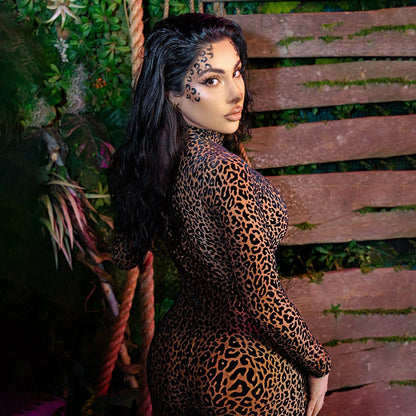 Sexy Leopard Print High-Waisted Bodysuit With Long Sleeves