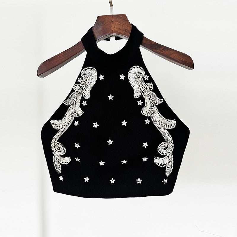 Beaded Sequin Halter Top Skirt Set