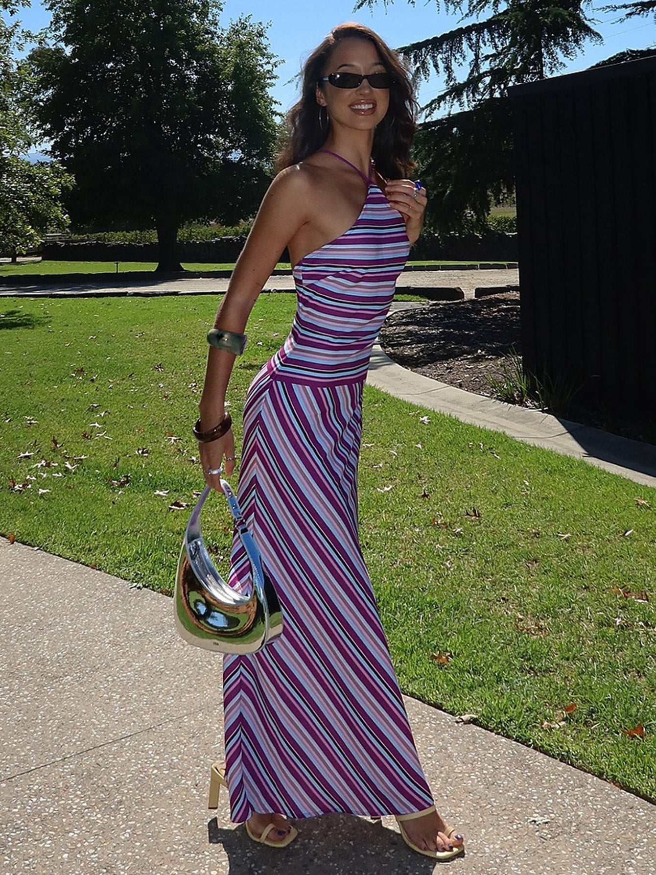 Colorful Striped Backless Maxi Dress
