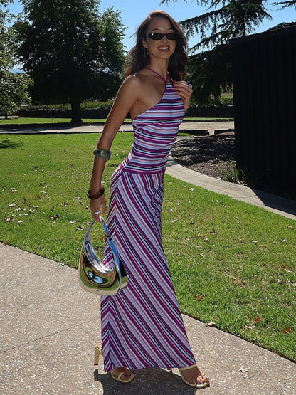 Colorful Striped Backless Maxi Dress
