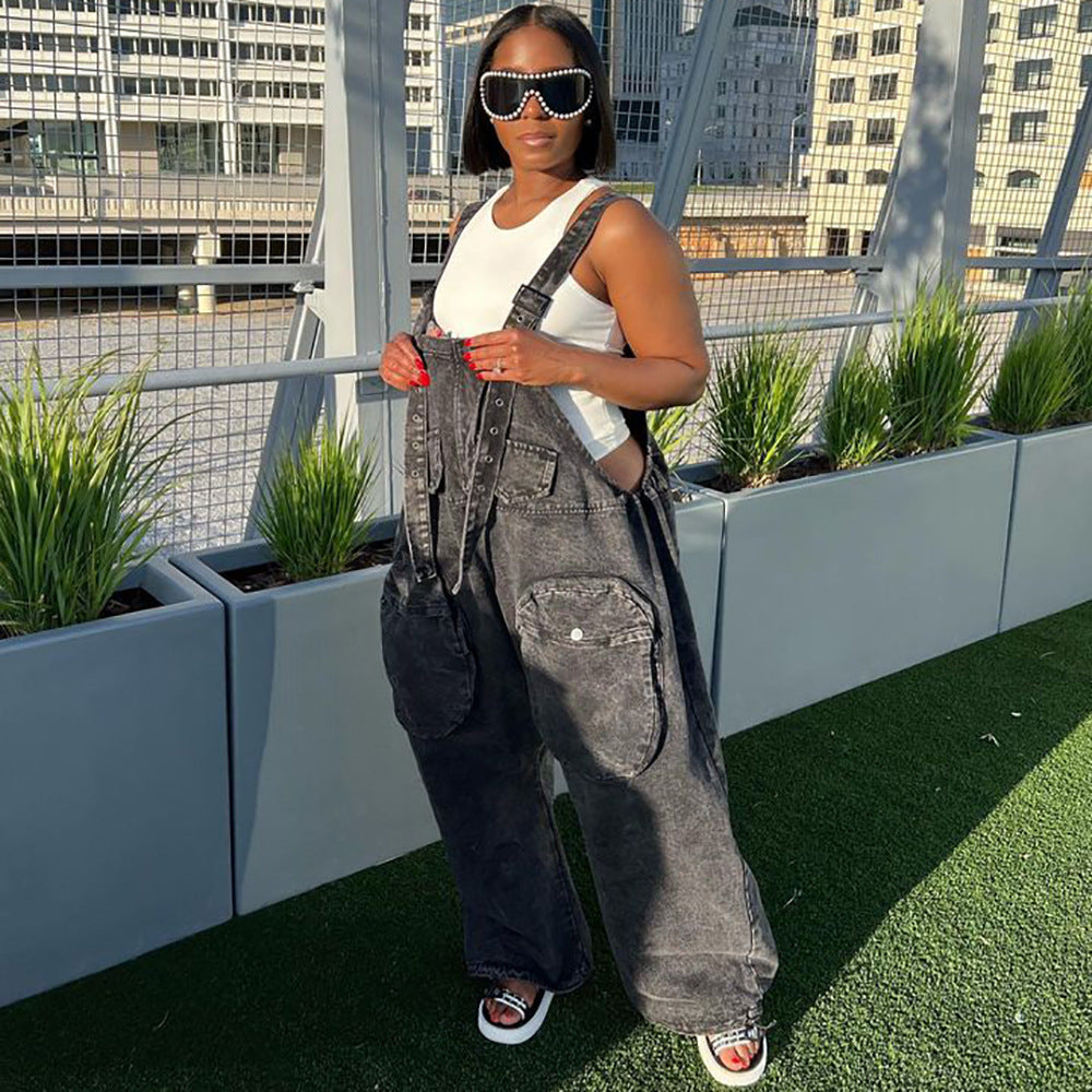 Trendy Casual Wide-Leg Denim Overalls With Pockets