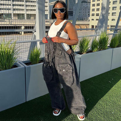 Trendy Casual Wide-Leg Denim Overalls With Pockets