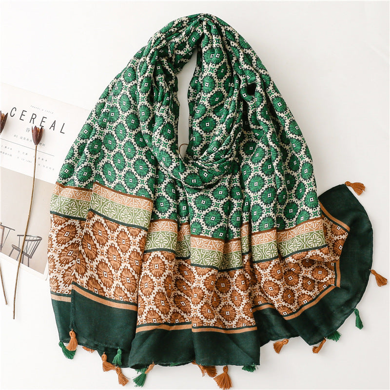 Autumn And Winter Thickened Warmth Scarf Satin Cotton Positioning Copper Money Grass Braided Silk Scarf Cotton Hemp Hand Feel Sunscreen Shawl