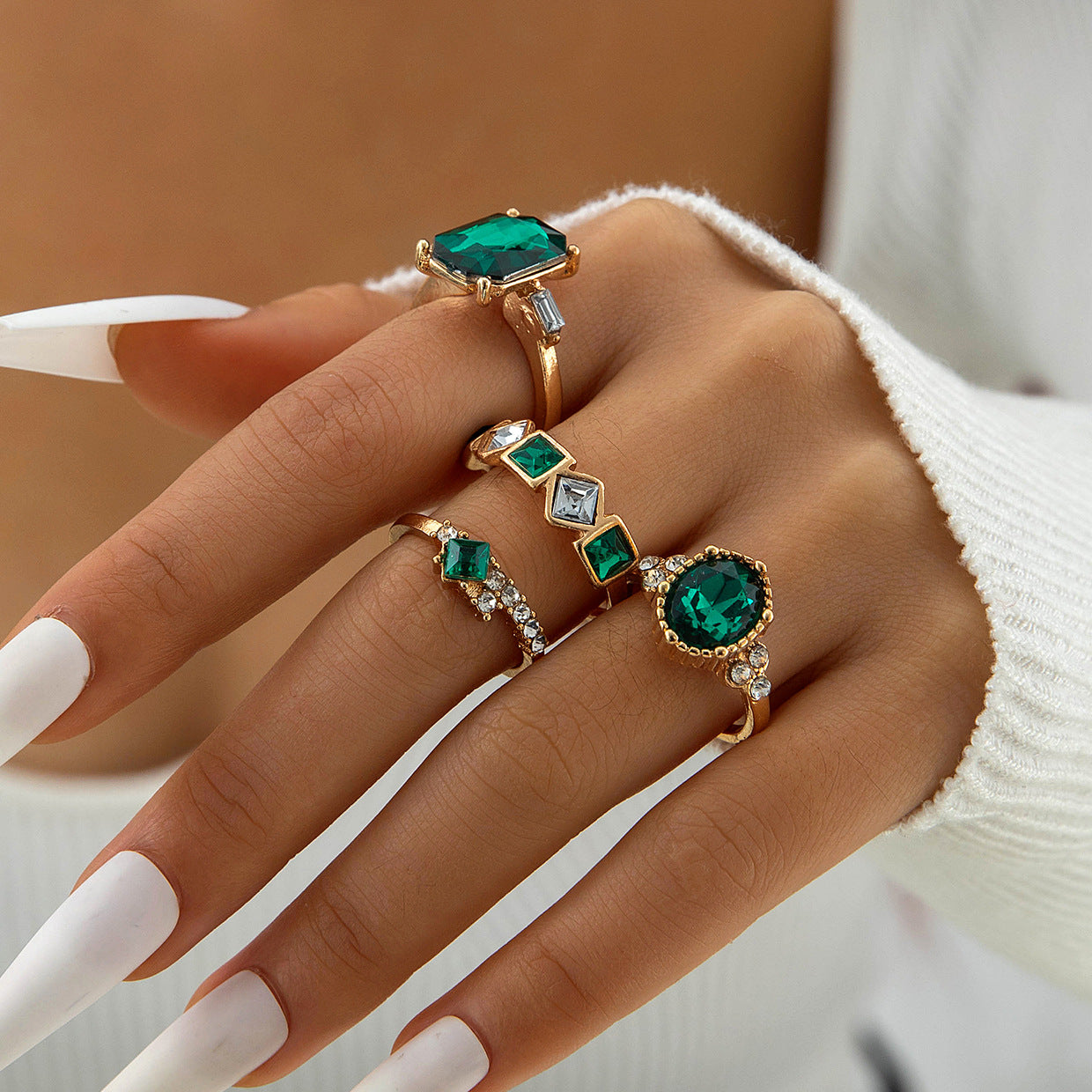 Geometric Gemstone Ring Set Fashionable Zinc Alloy Stackable Rings