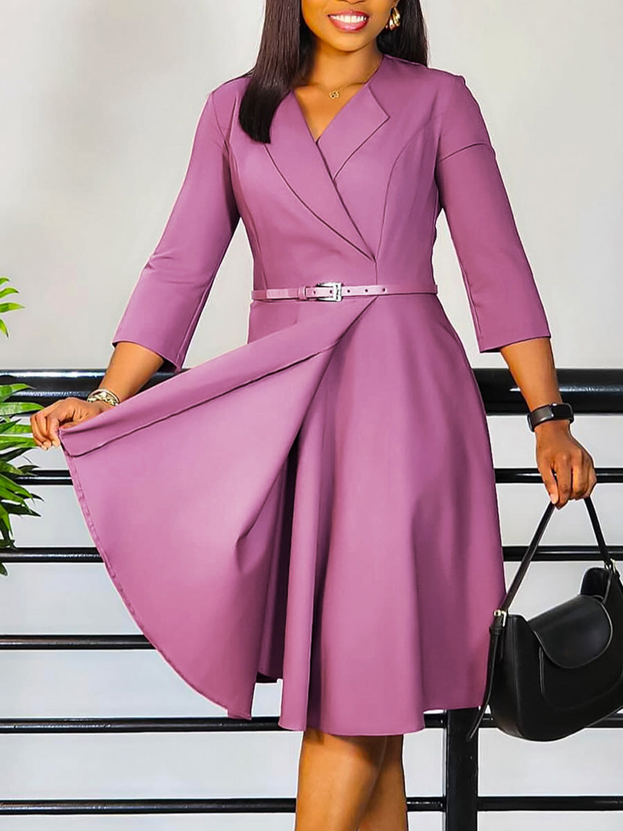 Elegant V-Neck Solid Color A-Line Dress With Belt
