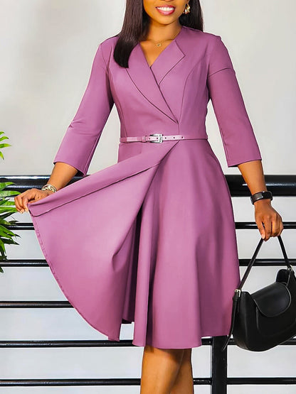 Elegant V-Neck Solid Color A-Line Dress With Belt