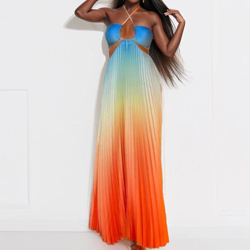 Gradient Color High-Waisted Dress Elegant Backless Maxi Dress