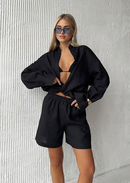 White Linen Shirt And Shorts Set Lightweight