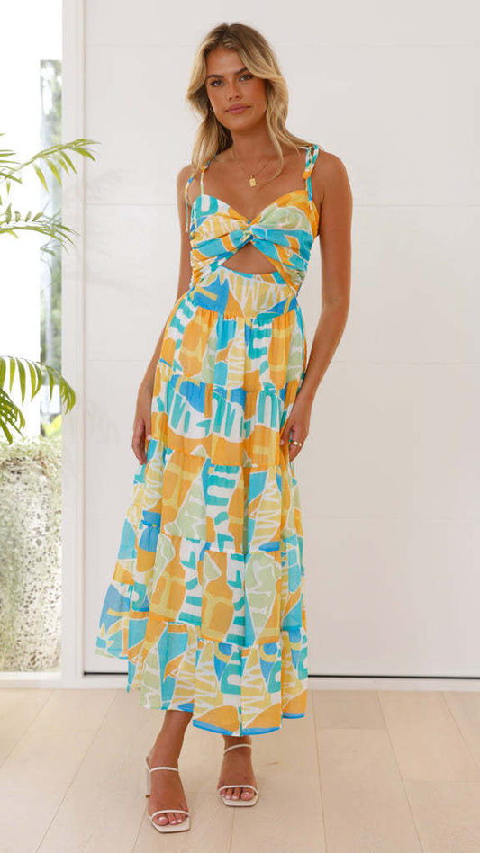 Print Hollow Out String Spaghetti Dress
