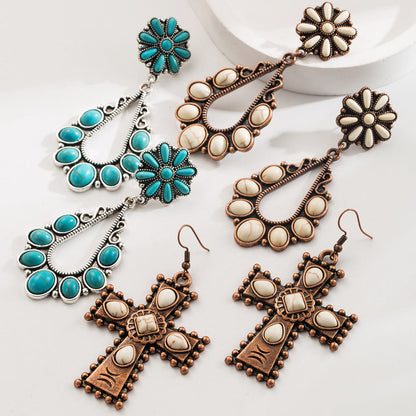 Retro Western Style Turquoise Cross Drop Earrings