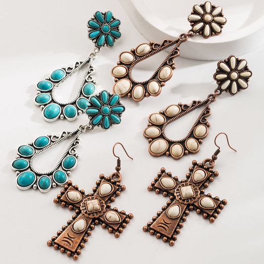 Retro Western Style Turquoise Cross Drop Earrings